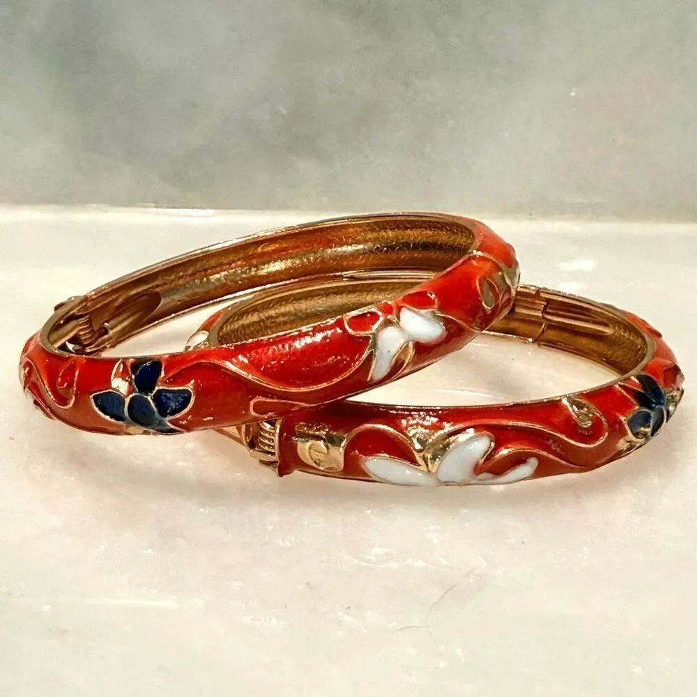 NWT UJOY Enameled Floral Cloisonne Cuff Red & Gold-tone Bangle Bracelet Set of 2